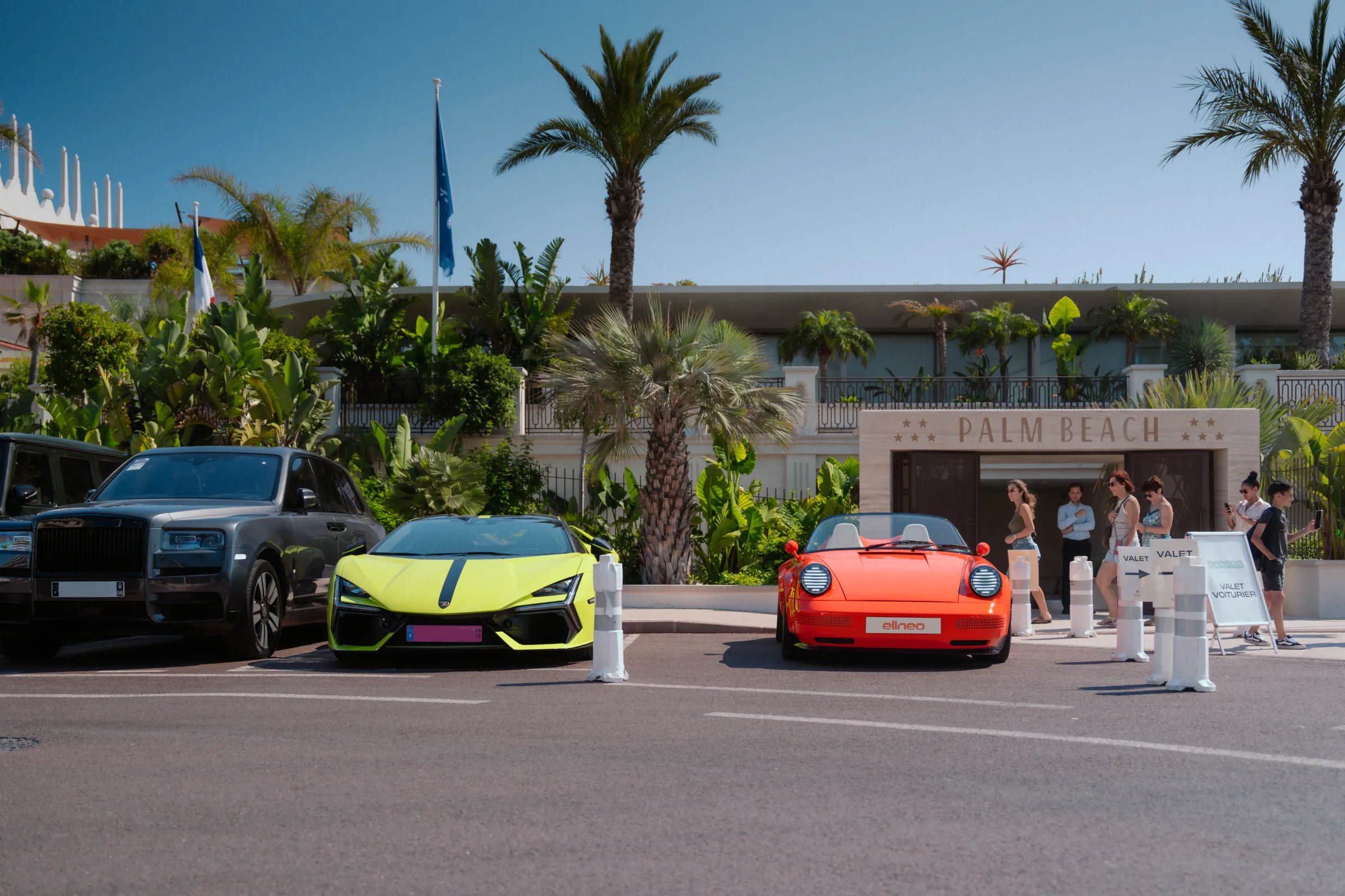The Funkster arriving at a beach club on the Riviera, parked among palms and other luxury cars